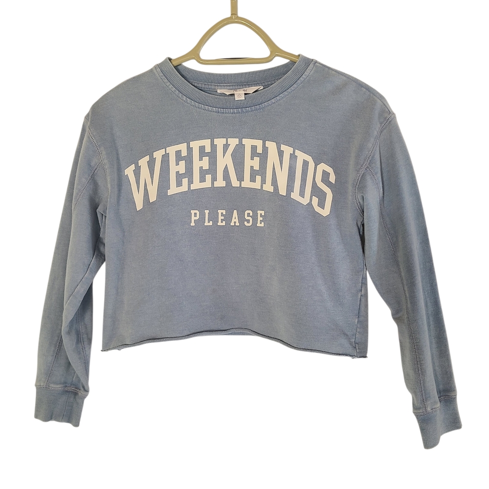 ​R+D Style Girls M "Weekends Please" Cropped Sweatshirt Blue Raw Hem